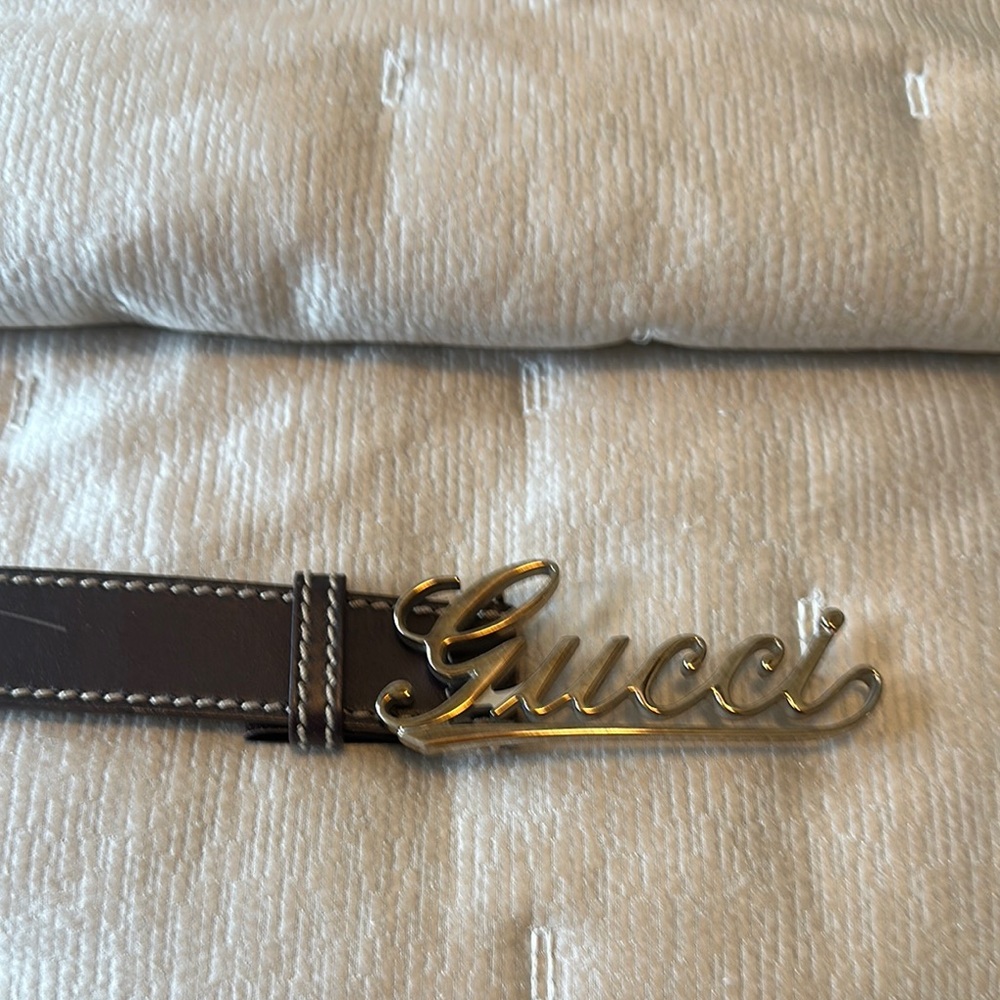 Gucci Brown and Silver Leather Belt with Signature Buckle